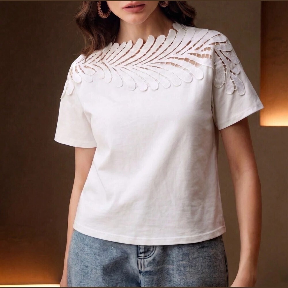 White Leaf Cutout Lace Yoke Short Sleeve Round Neck Tee